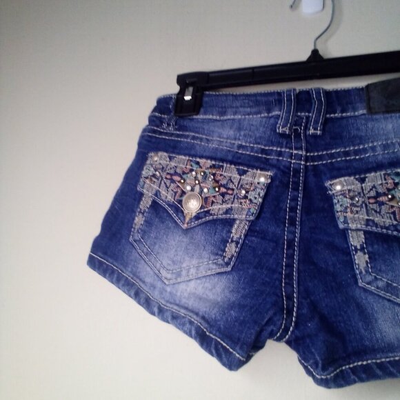 Soundgirl Shorts Juniors 1 Button Pockets Embroidery Rhinestones Denim Blue - Picture 10 of 14